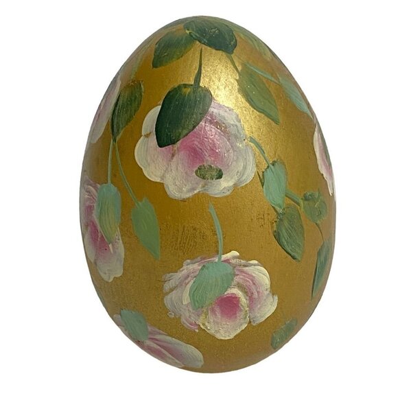 Handpainted Egg Figurine Pink and Gold Floral 4.5" high Signed - Picture 6 of 9
